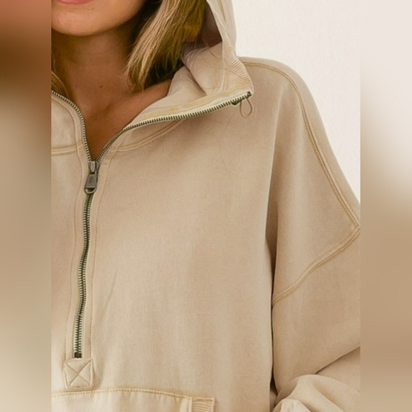 BiBi Stitch Detailed Elastic Hem Half Zip Fleece Hoodie - Picture 2 of 7